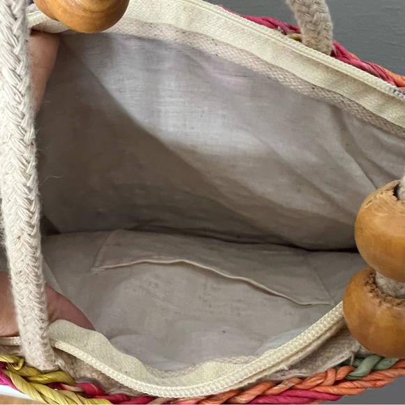 Vintage Straw Bag Purse Handbag Woven Colorful Wooden Beads - Picture 5 of 9